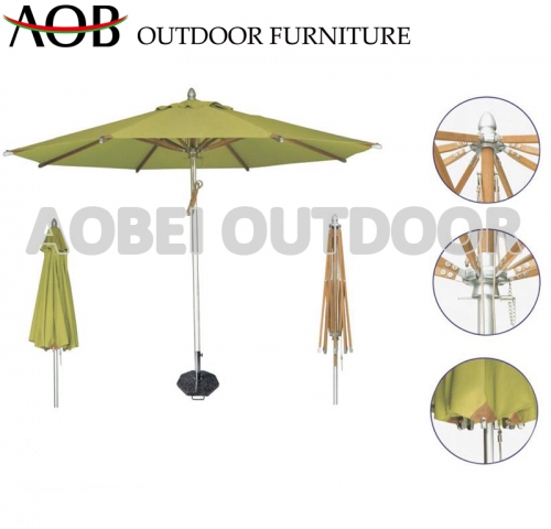 Foshan Aobei AOB outdoor garden patio hotel resort modern central hole umbrella with wooden finishing ribs